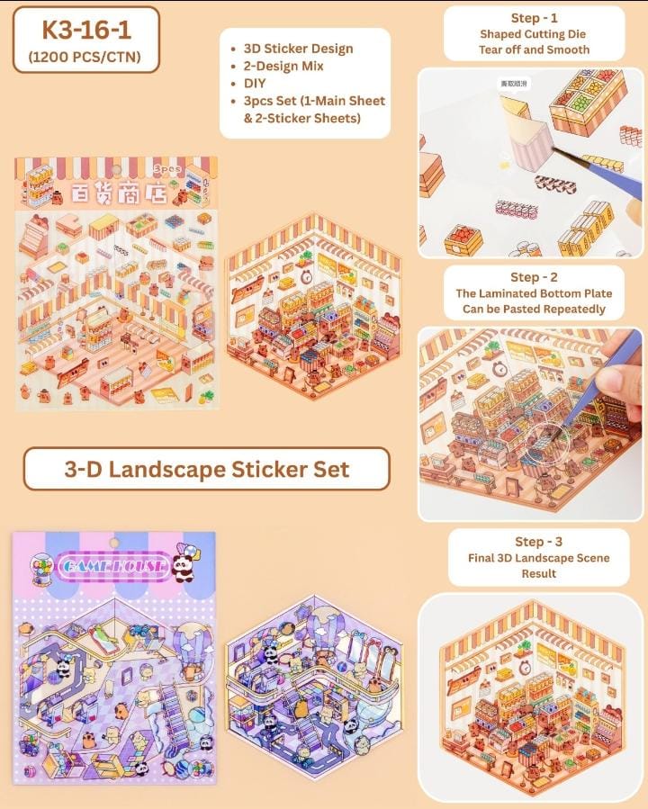 Miso station 3D landscape sticker set with laminated base plate and layered shop-themed character stickers for DIY crafts