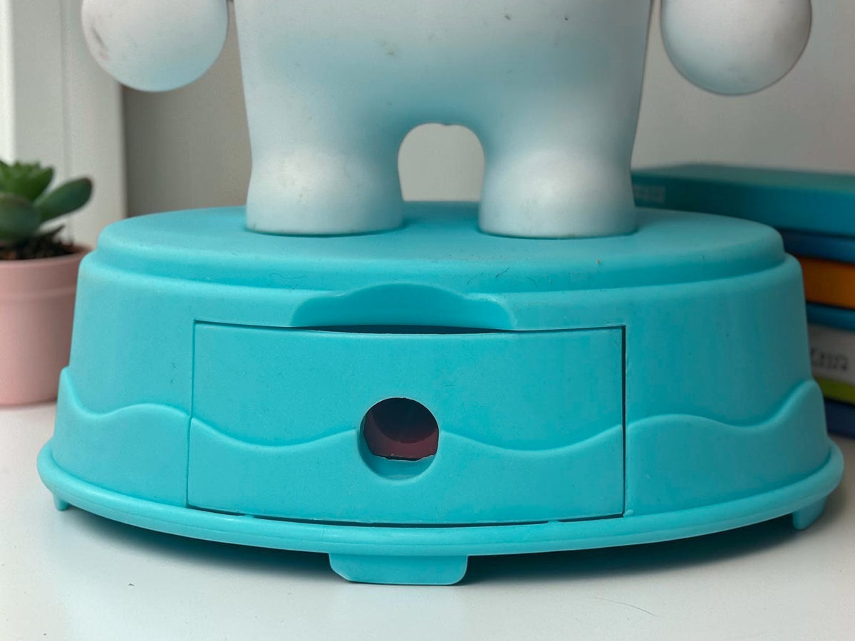 Miso station blue bunny character desk lamp base with a built-in storage drawer for small stationery items.