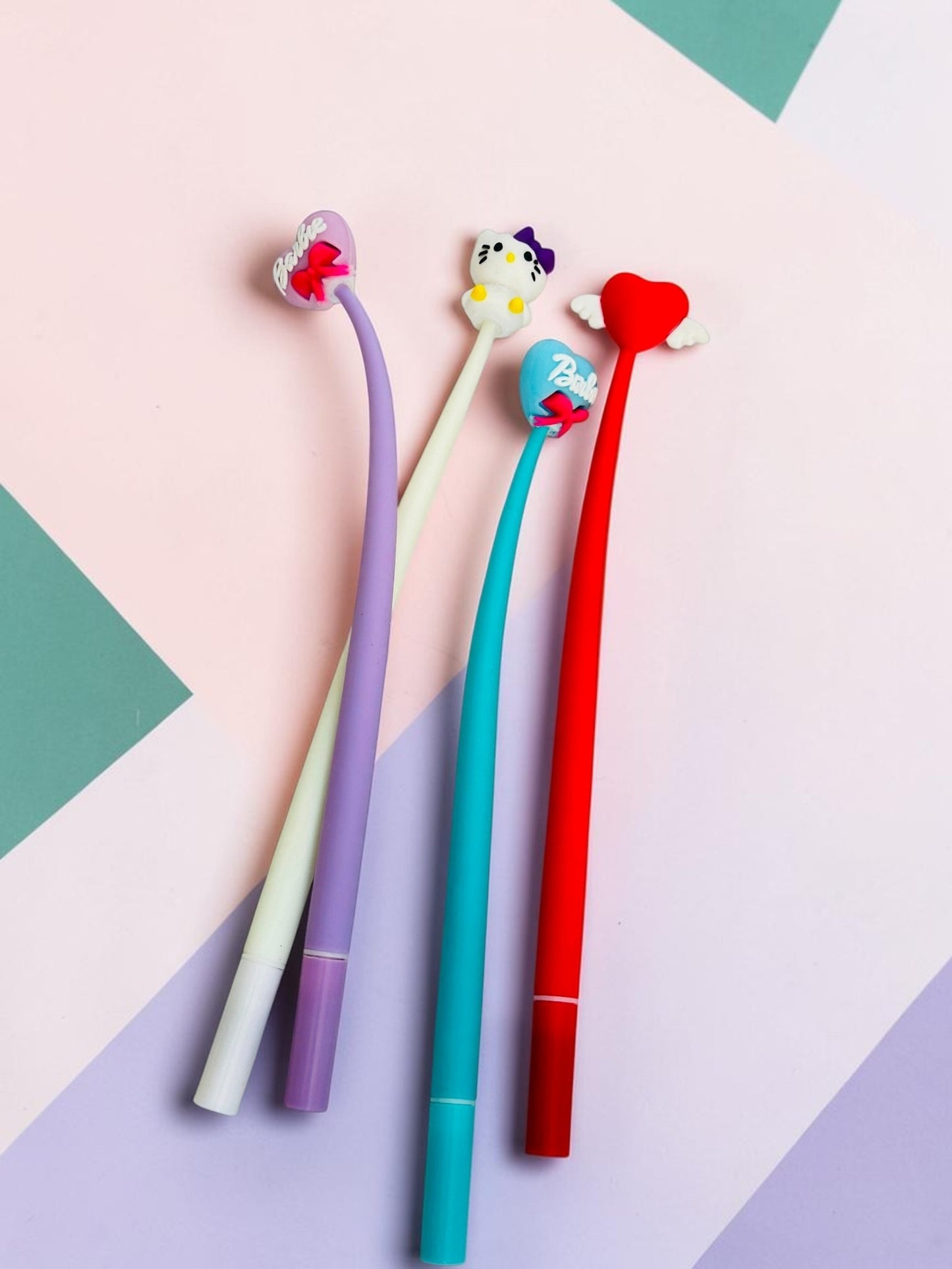 Miso station gel pens featuring cute character and heart toppers in purple, white, blue, and red on a white surface.