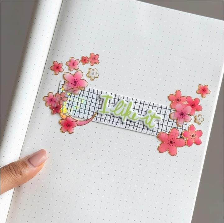 Miso station cherry blossom adhesive stickers with pink sakura flowers decorating a dotted journal page