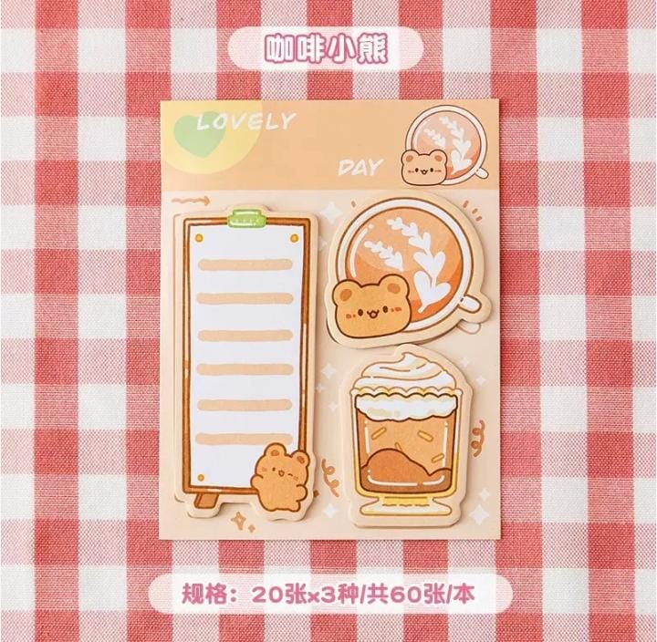 Miso station coffee bear themed adhesive memo note pad set with three unique cartoon designs on a red checkered cloth