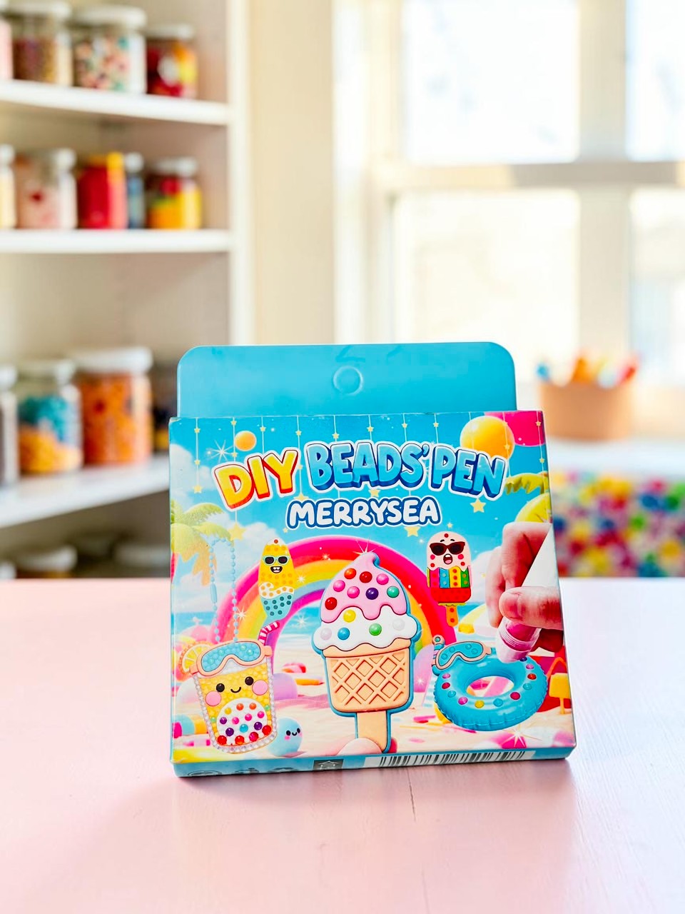 Miso station DIY Beads Pen craft kit box featuring colorful food-themed figures like ice cream and popsicles.