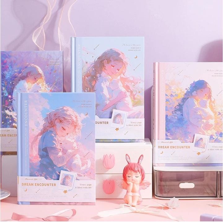 Miso station Dream Encounter hardcover journal with ethereal anime-style illustration on a desk with cute figurines.