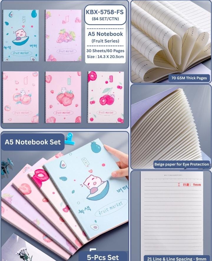 Miso station A5 fruit-themed notebook set featuring five colorful journals with lined beige paper for comfortable writing