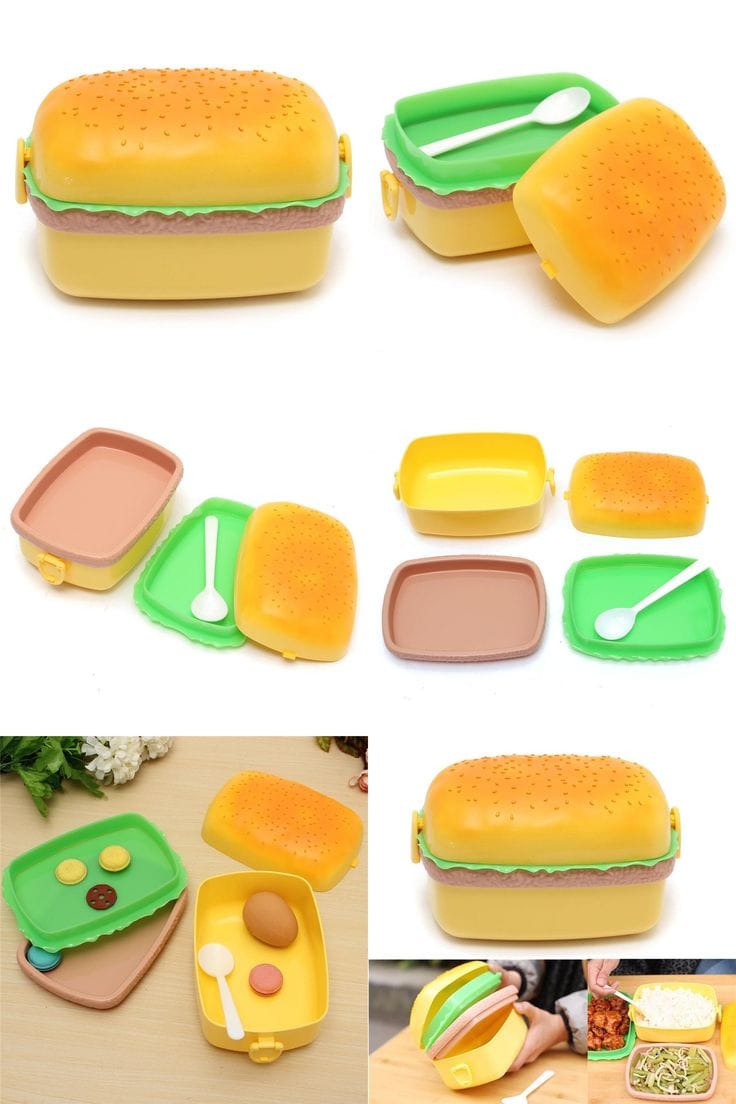 Miso station hamburger shaped bento lunch box with multiple tiers, green lettuce layer, and a small white spoon.