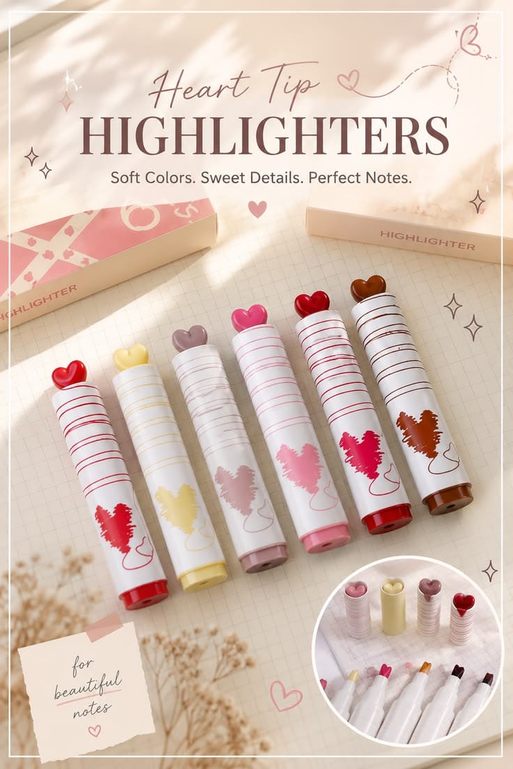 Miso station set of 6 heart-tip highlighters in soft pastel colors with patterned barrels and heart-shaped caps