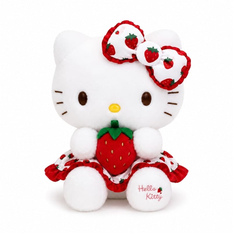 Miso station Hello Kitty plush toy wearing a white strawberry print dress and bow, holding a plush strawberry.