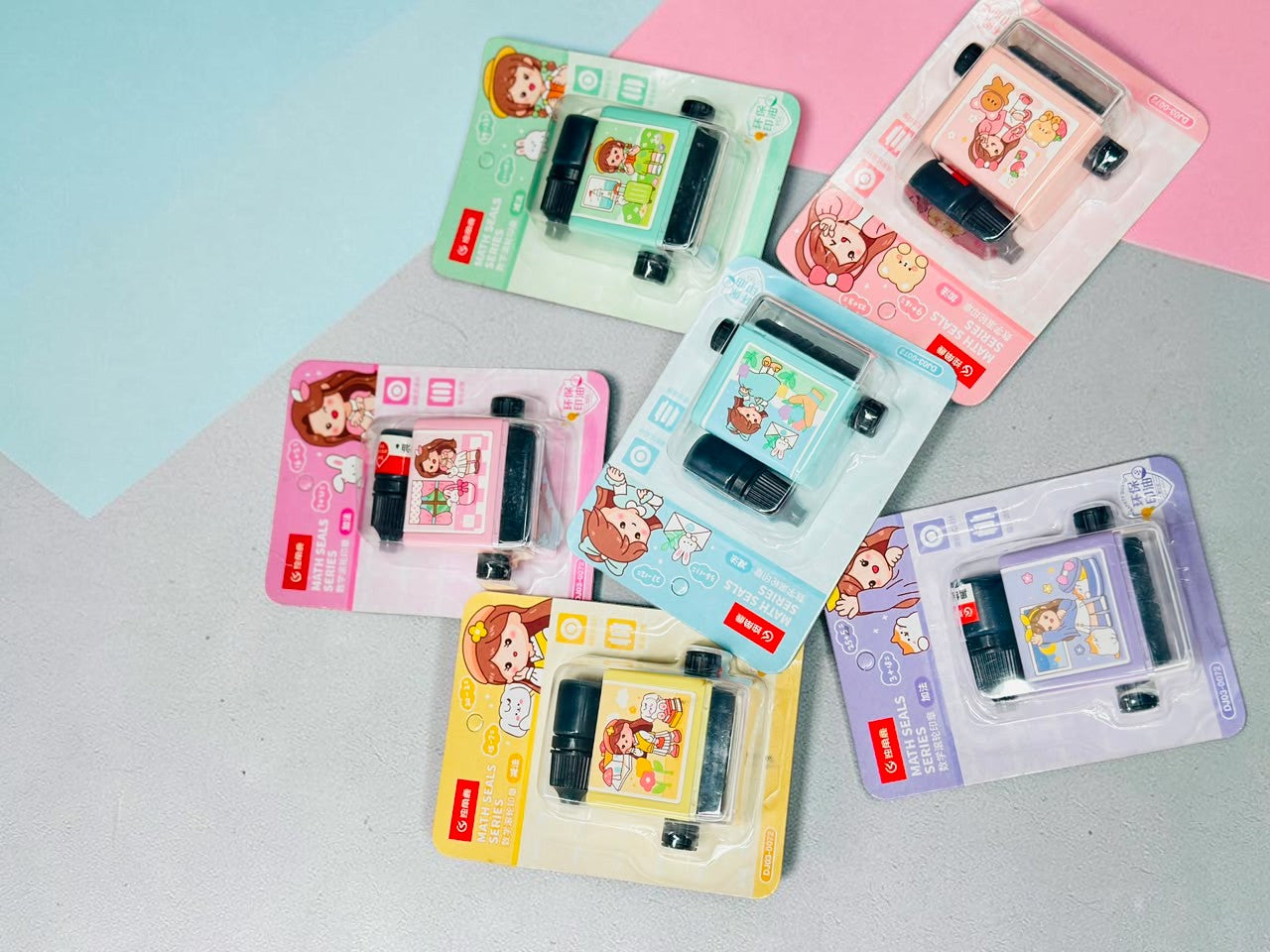 Miso station colorful math roller stamps with ink refills in various pastel shades for educational arithmetic practice
