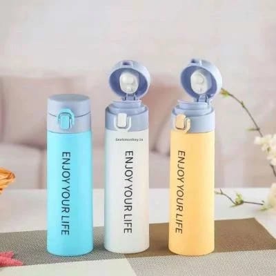 Miso station stainless steel insulated water bottles in pastel blue, white, and yellow with Enjoy Your Life print