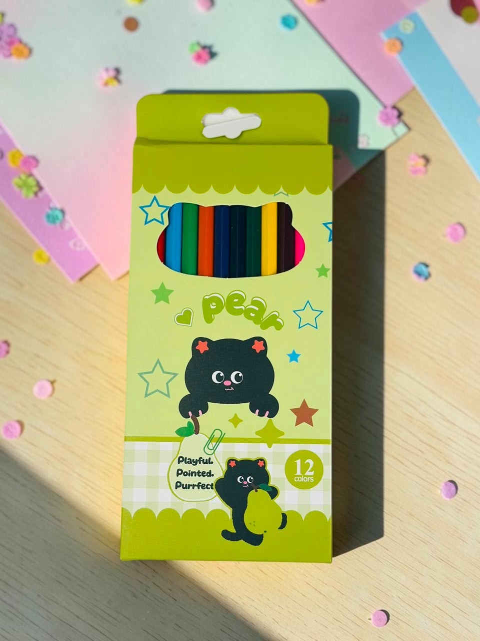 Miso station 12-piece colored pencil set in a green pear-themed box with cute black cat illustrations