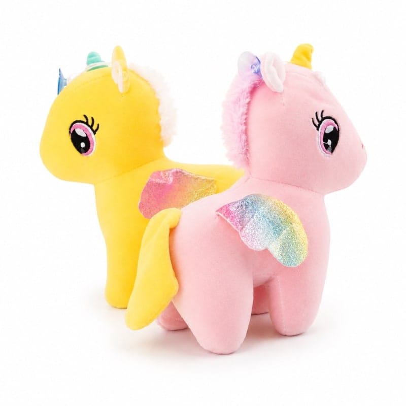 Miso station plush unicorn duo in sunny yellow and soft pastel pink with iridescent wings and textured manes.