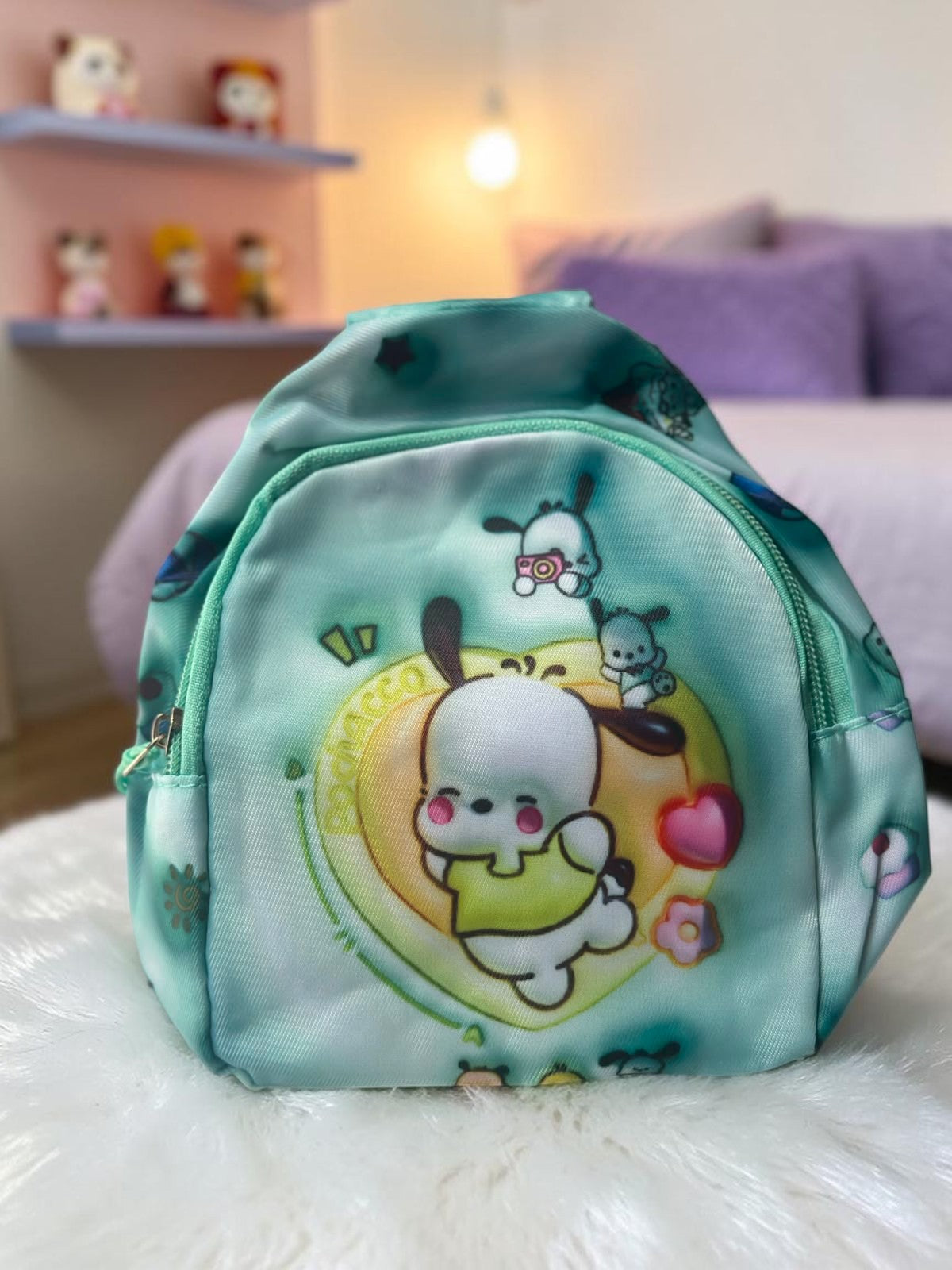 Miso station Pochacco mini sling backpack in light blue with a cute character print and secure zipper closure