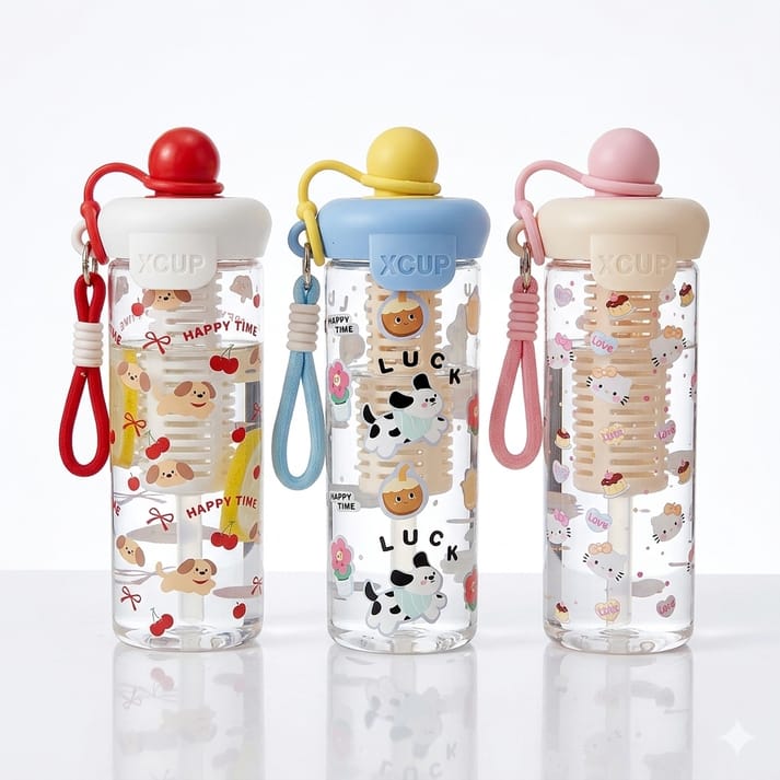 Miso station portable fruit infuser water bottles with cute character prints, colorful lids, and carrying straps.