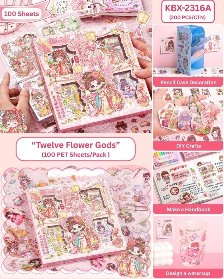 Miso station Twelve Flower Gods PET sticker set with 100 sheets of vibrant floral deity illustrations for crafts