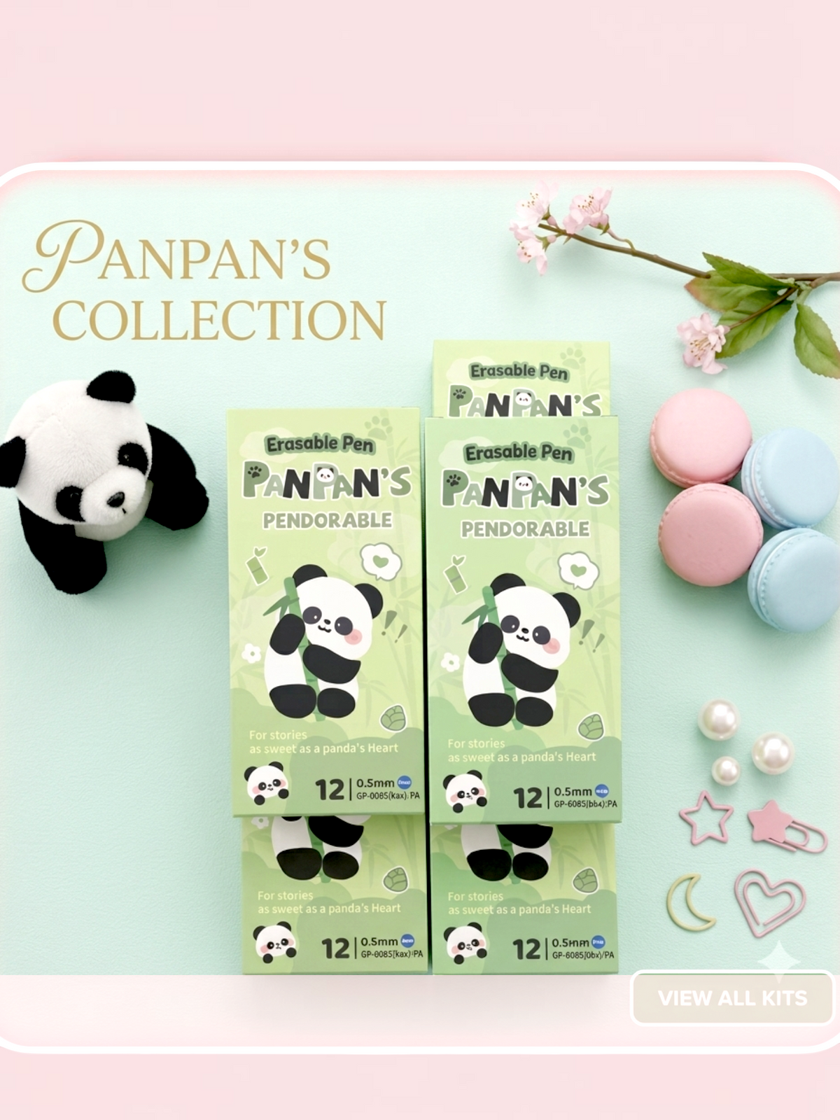 Miso station Panda erasable gel pen 12-pack with cute panda illustrations on green boxes, styled with macaron decor.