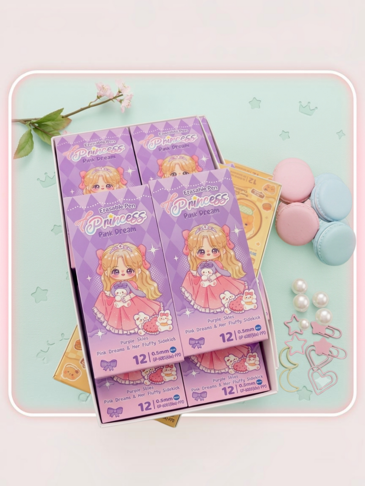 Miso station princess-themed erasable gel pen set with 12 purple boxes featuring cute anime-style character art