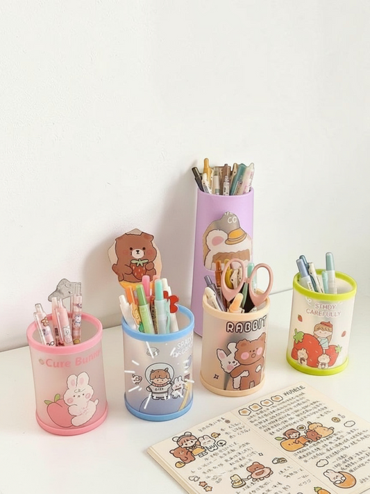 Miso station cartoon folding desktop pen holders in various pastel colors with cute animal and character prints.