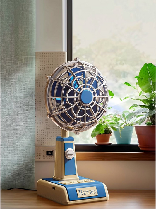 Miso station retro mini fan in blue and cream on a wooden desk with a window and plants in the background.