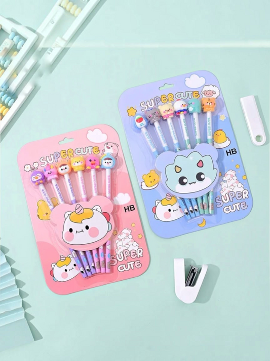 Miso station pencil sets with cute animal character erasers on pink and blue backing cards for students and artists