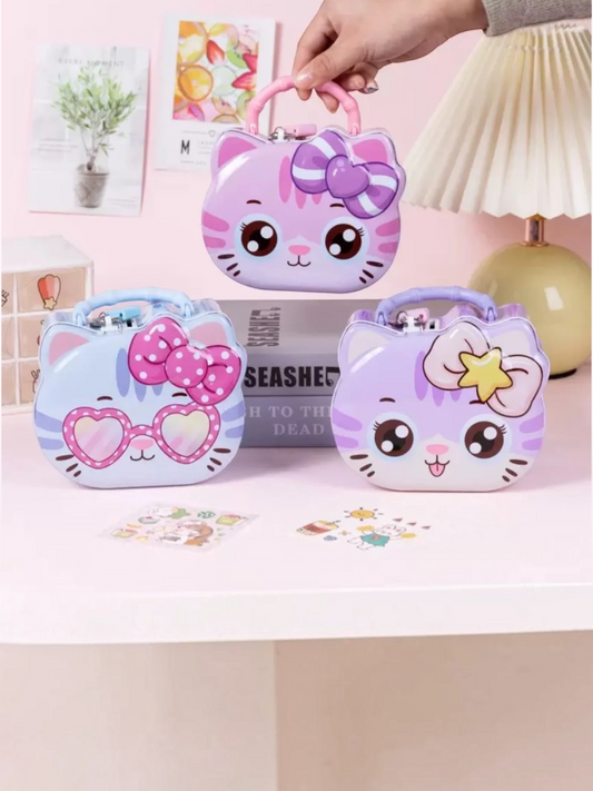 Miso station cute kitty money boxes in pastel purple and blue with bow and heart glasses designs