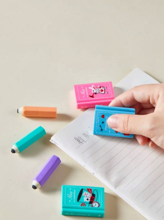 Miso station Booky clean eraser set featuring colorful book-shaped and pencil-shaped erasers on lined paper