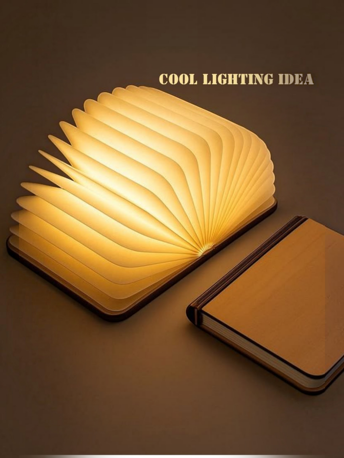 Miso station rechargeable book lamp with warm glowing pages and a wooden cover, perfect for cozy night reading.