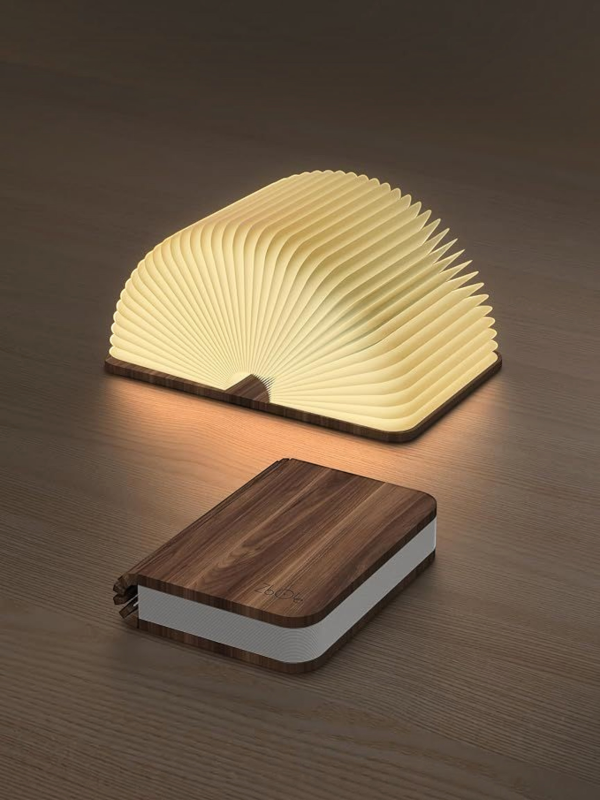 Miso station rechargeable book lamp with a wooden cover, shown open with warm light and closed on a wooden surface.