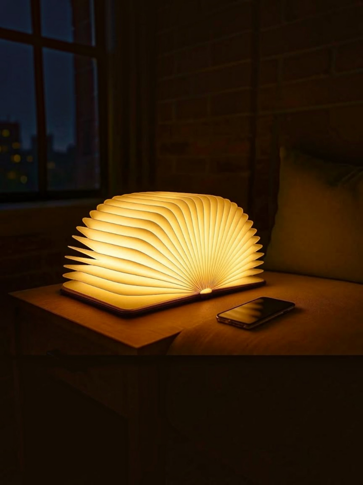Miso station rechargeable book lamp with warm glowing pages on a nightstand next to a smartphone