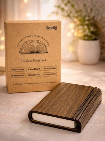 Miso station rechargeable book lamp with a dark wood grain cover sitting in front of its branded cardboard box