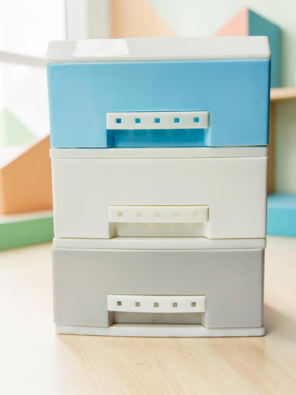 Miso station 3-tier desktop plastic storage drawer organizer in blue, white, and grey for desk or vanity organization.
