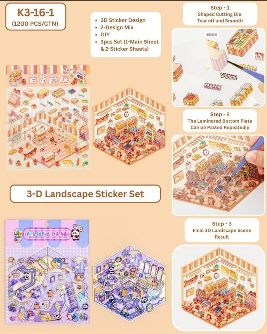 Miso station 3D landscape sticker set with laminated base plate and layered shop-themed character stickers for DIY crafts