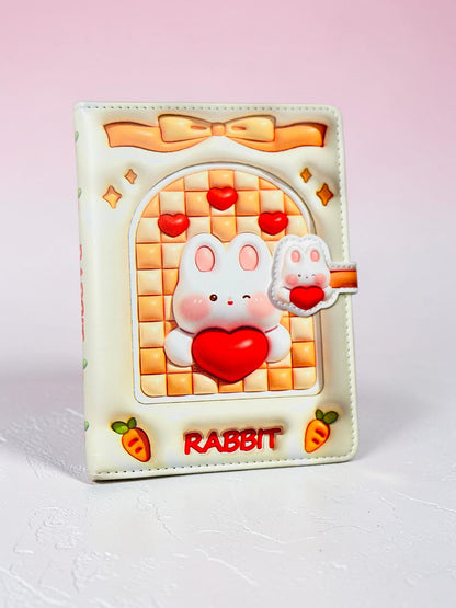 Miso station 3D embossed rabbit notebook with a glossy cream cover, heart motifs, and a magnetic character closure.