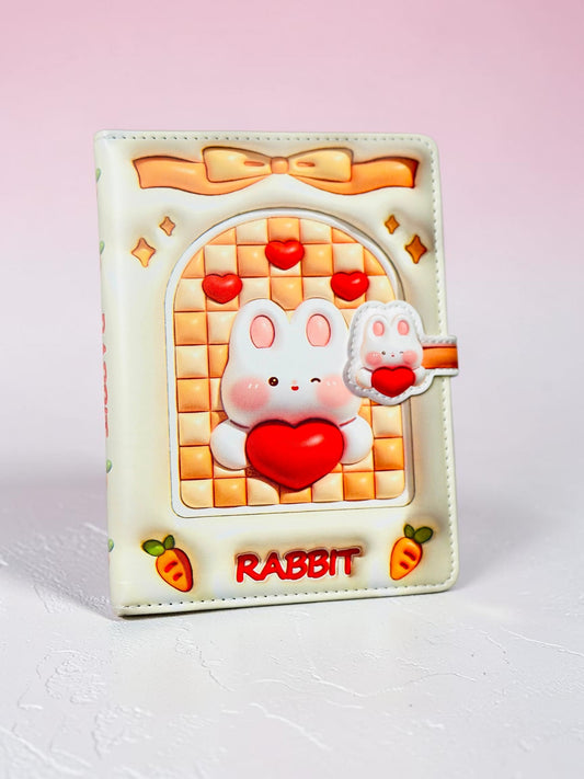 Miso station 3D embossed rabbit notebook with a glossy cream cover, heart motifs, and a magnetic character closure.