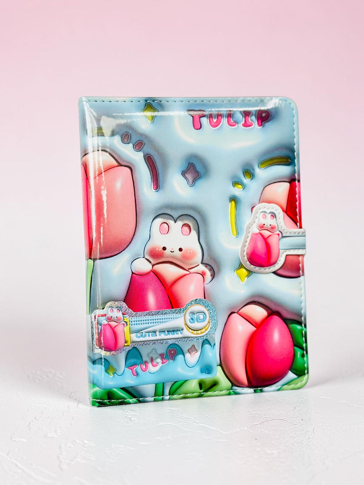 Miso station 3D embossed rabbit and tulip notebook with a glossy finish and magnetic closure on a white background