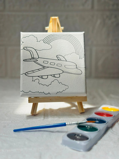 Miso station airplane painting kit with pre-printed canvas, wooden easel, paint palette, and brush for kids.