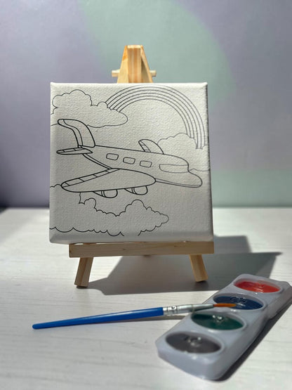 Miso station airplane painting kit with pre-printed canvas, wooden easel, paint palette, and brush for kids.