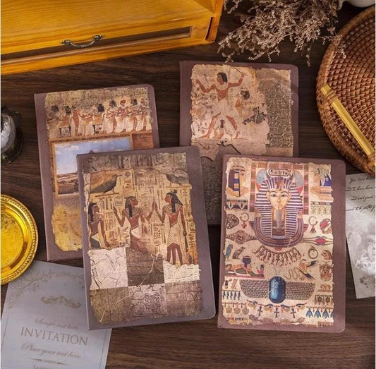 Miso station Ancient Egyptian themed journals with textured covers featuring Tutankhamun, hieroglyphics, and pyramids.