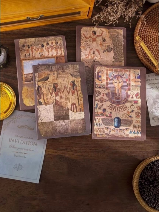 Miso station Ancient Egyptian themed journals with textured covers featuring Tutankhamun, hieroglyphics, and pyramids.