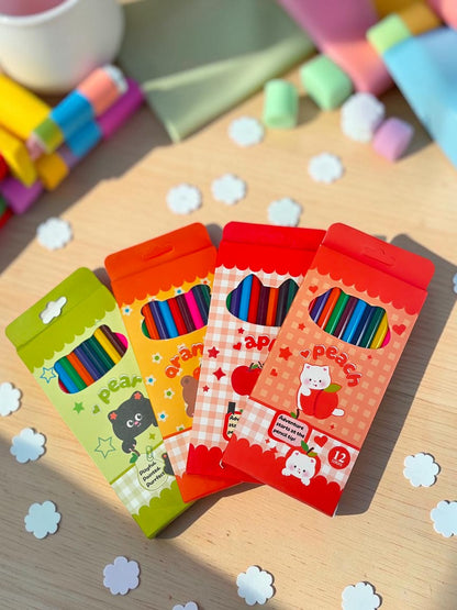 Miso station set of 12 vibrant colored pencils in fruit and animal themed boxes, perfect for art and school projects.