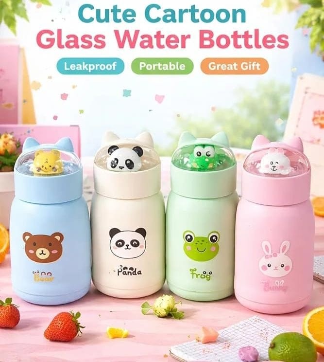 Miso station insulated water bottles with 3D animal characters in pastel blue, white, green, and pink colors.
