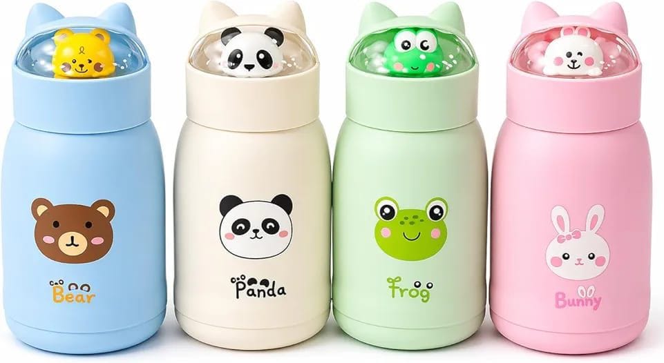 Miso station insulated stainless steel water bottles in pastel blue, cream, green, and pink with 3D animal lids.