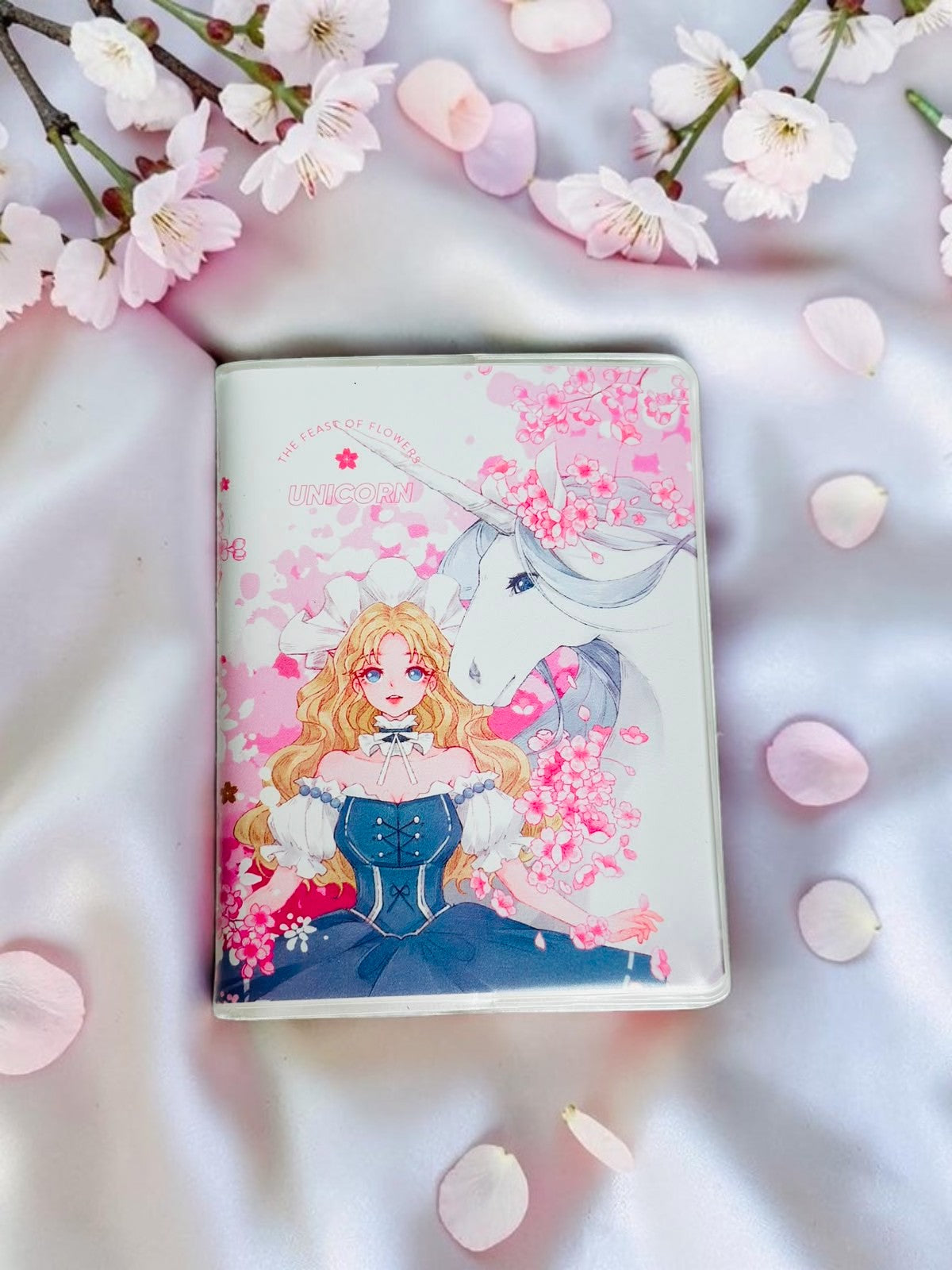 Miso station Feast of Flowers notebook featuring anime illustration of a maiden and unicorn with cherry blossoms