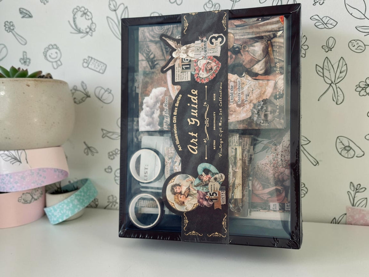 Miso station Art Guide vintage stationery scrapbooking gift box set with decorative papers, stickers, and washi tape.