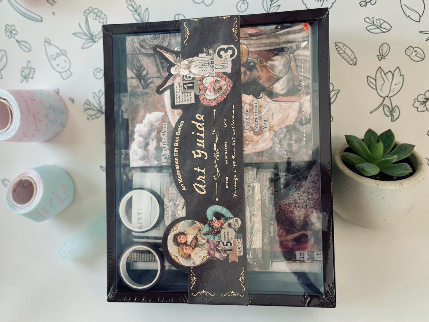 Miso station Art Guide vintage stationery gift box containing decorative papers, stickers, and washi tapes