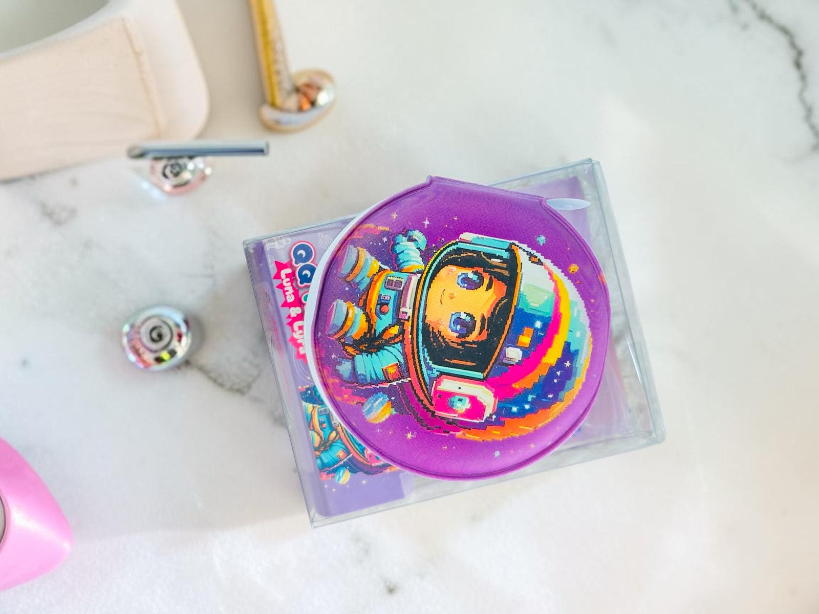 Miso station Kawaii-Q Astro Luna & Lyra round purple storage case with space-themed pixel art astronaut character