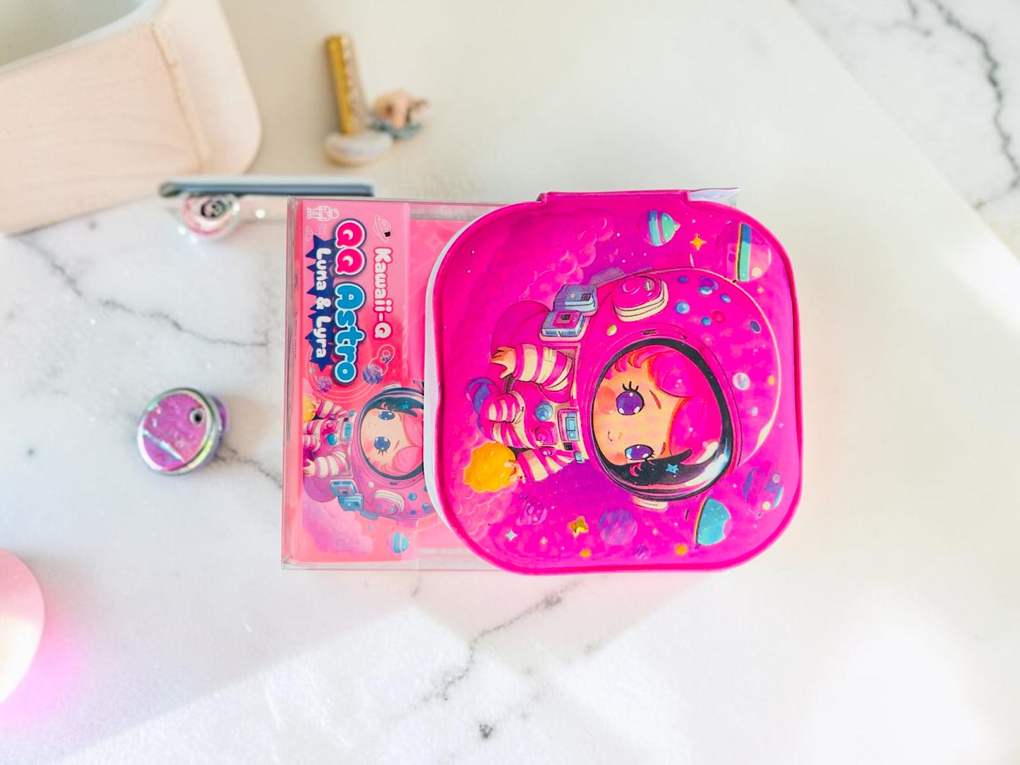 Miso station Kawaii-Q Astro Luna & Lyra pink square storage case with space-themed character graphic