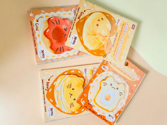 Miso station Sweetpaws Bakeshop die-cut adhesive sticky notes featuring cute bakery-themed animal and food designs.