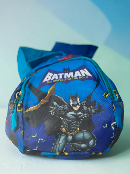 Miso station Batman themed blue kids mini backpack with adjustable straps and secure zipper closure
