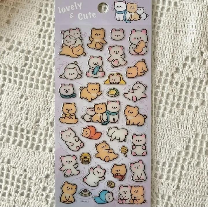 Miso station sticker sheet featuring assorted cute bear characters in various poses and soft pastel colors