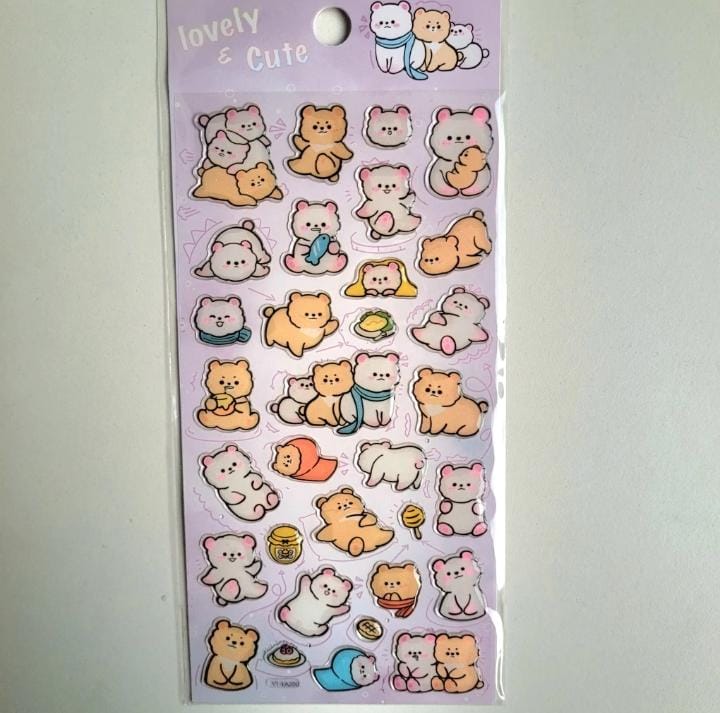 Miso station sticker sheet featuring assorted cute pastel bear characters in various playful poses and activities